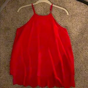 Red scalloped tan top
